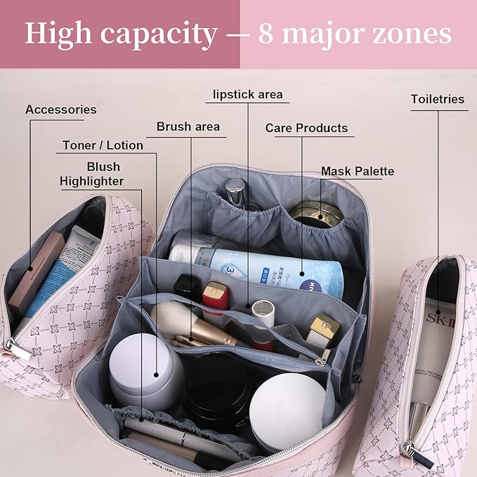 BOYATU Travel Makeup Bag Cosmetic Bags for Women: 3 Pcs Set Large Capacity Make up Bag with Handle - Vegan Leather Toiletry Bags with Compartments - Makeup Organizer for Travel Essentials(A-3-Pink)