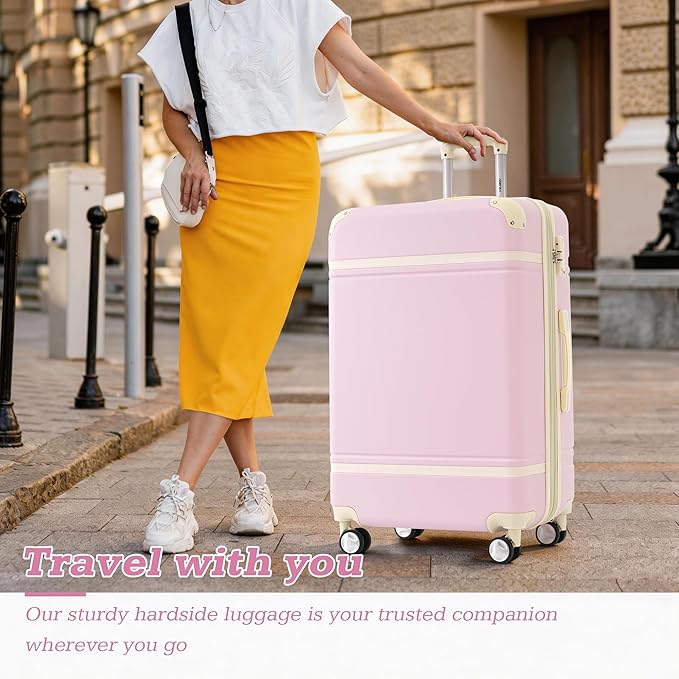 Merax Suitcase Set 28 inches Expandable Luggage with TSA Lock Spinner Wheels Hardshell Lightweight Vintage Luggage with Travel Bag,Light Pink