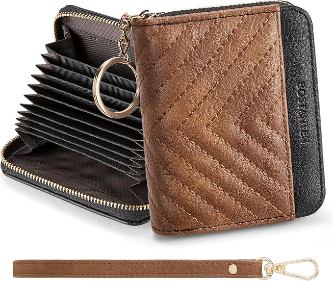 BOSTANTEN Credit Card Holder Wallet RFID Blocking Leather Small Wallet for Women Zipper Keychain Wallet with Wristlet Brown＆Black