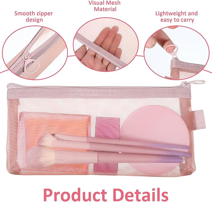 5 Pcs Mesh Cosmetic Bags 7.9" x 3.5" Nylon Mesh Pouch with Zipper, Multi-Color Zipper Makeup Bags Travel Organizer Pouch Case for Travel Office Home Makeup Brushes, Small Items