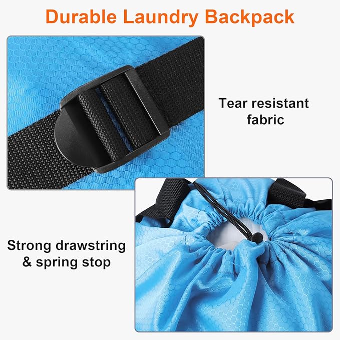 Laundry Bag Backpack Durable Laundry Bag with Shoulder Straps and Mesh Pockets Portable Laundry Dirty Clothes Hamper Bag for College Dorm (Blue)