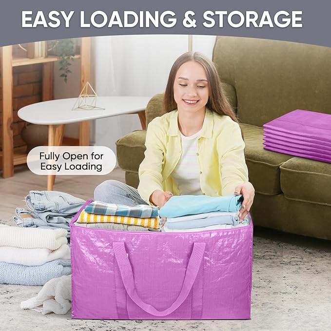 TICONN 6 Pack Extra Large Moving Bags Heavy Duty with Zippers & Carrying Handles, Durable Storage Bags Moving Boxes for Closet Organizers and Storage (6 Pack, Pink)