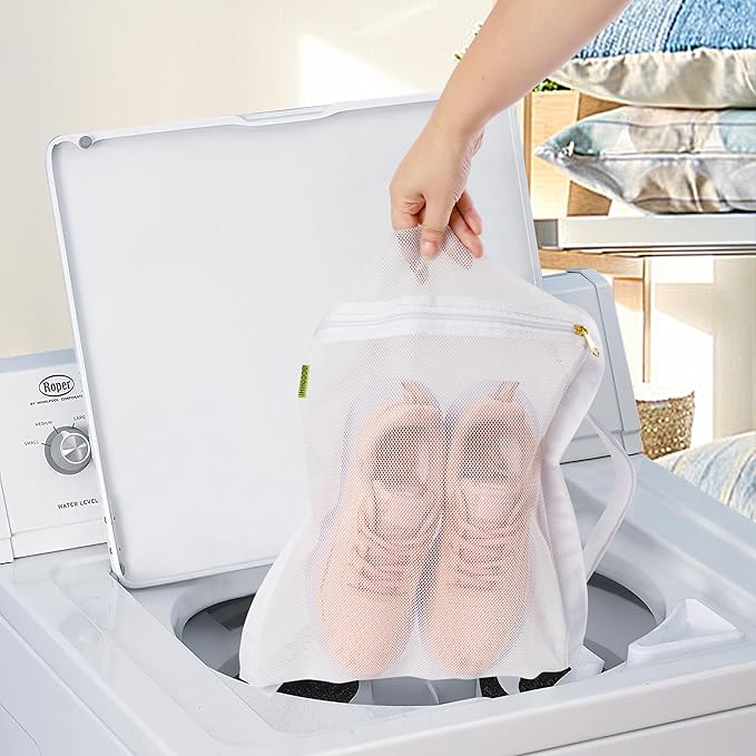 Sneaker Wash & Dry Net Bag for Dryer, 15.7x13.8 Inch Large HoneyComber Mesh Bags with Zipper and Strap for Shoes, Clothing, Laundry Reused Bag Tool (2 Pcs White)