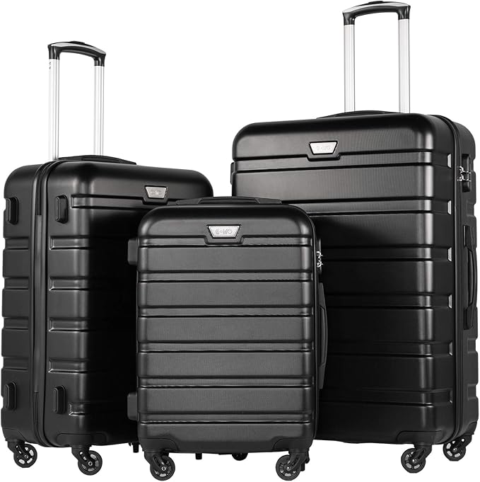 Coolife Luggage 3 Piece Set, Lightweight Durable Hardshell Suitcase set with 360° Spinner Wheels, TSA-approved Lock, Checked Family Travel Luggage sets, 20/24/28 Inch, Black