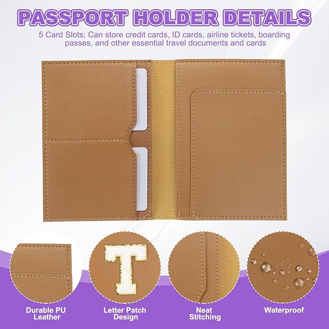 PATIKIL Passport Holder for Travel, Initial Passport Cover and Luggage Tag Set with Alphabet Chenille Letter Patch Travel Wallet Bag Suitcase Identifier for Women Family Travel Brown T
