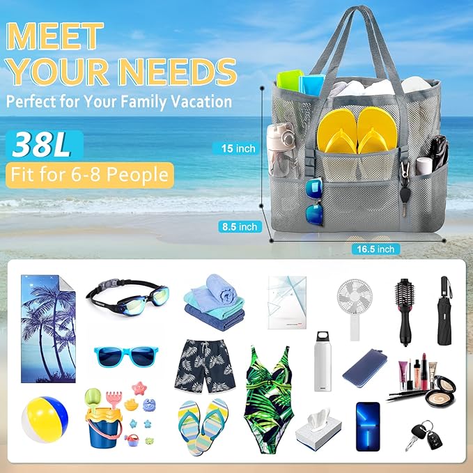 SRISE Mesh Beach Bag - Large Beach Tote Bag for Family Beach Bag for Toys & Vacation Essentials