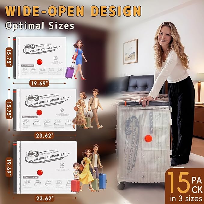 Vacuum Bags for Travel with Wireless Rechargeable Pump, Compression Space Saver Bags for Clothing, Luggage & Suitcase, 15 Combo Travel Size