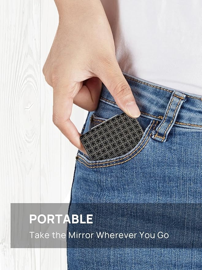 OMIRO 1X/3X Magnifying Mirror, Unique Painting Compact Mirror with Classical PU Leather (Black Pinwheel Stripe)