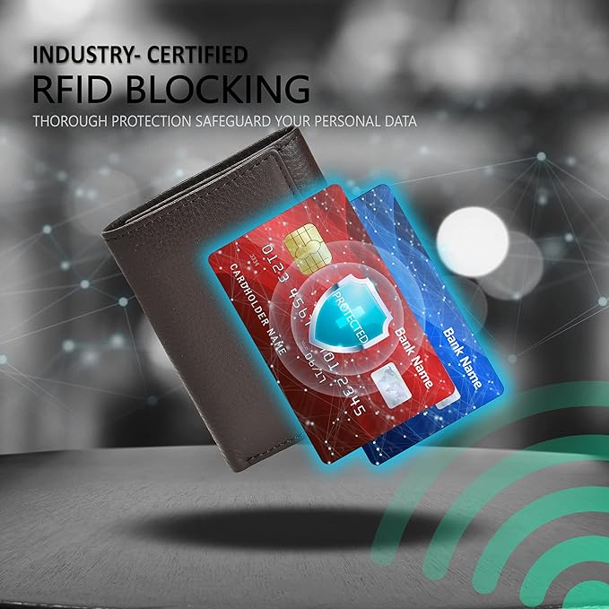 Real Leather Mens Trifold Wallet RFID Blocking Slim Minimalist Front Pocket - Thin & Stylish with ID Window in Gift Box