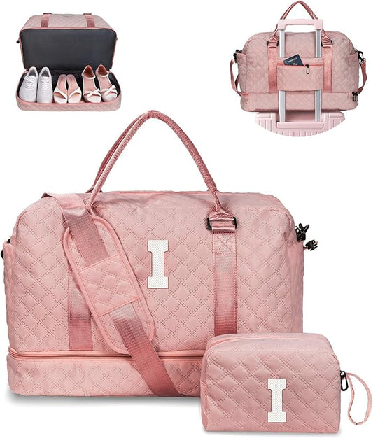 Birthday Gifts for Women-Personalized Travel Bags for Women Initial Bag, Monogram Overnight Bag, Weekender Bag with Shoe & Makeup Compartments - Birthday Gift-13 Year Old Girl Gifts(Letter I)