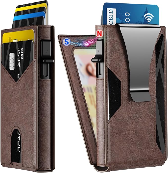 Wallet for Men Aluminum RFID Blocking-Metal Smart Pop-Up Credit Card Holder with 2 ID Windows, Holds 8-10 Cards,Bifold Security Front Pocket Wallet & Money Clip,Men's accessories (Coffee)