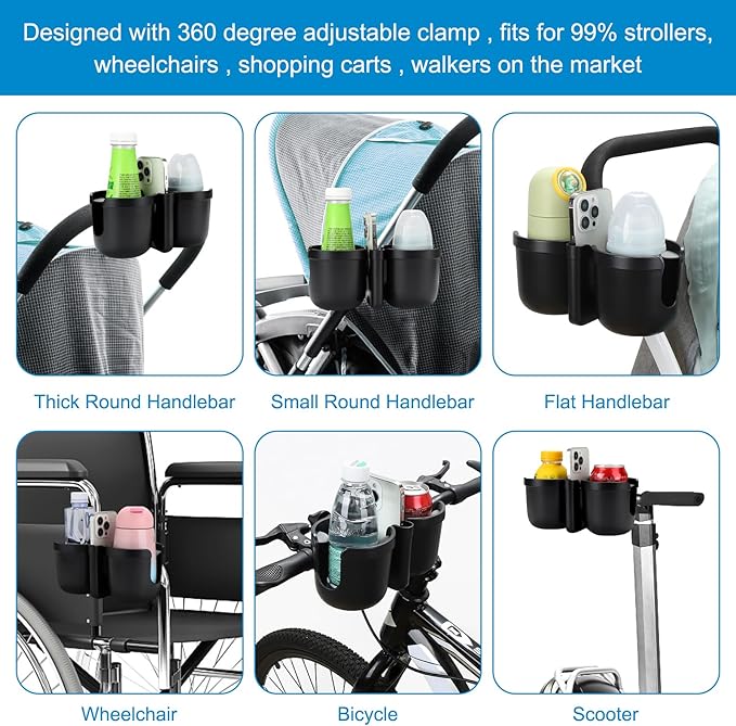 Accmor Stroller Cup Holder with Phone Holder, Bike Cup Holder, Universal Cup Holder for Uppababy Nuna Doona Strollers, 2-in-1 Cup Phone Holder for Stroller Bike Wheelchair Walker Accessory