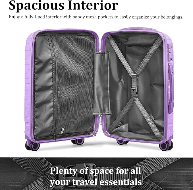 Joyway Suitcase Set 3 Piece Luggage Sets with TSA Lock, PP Hardside Carry on Luggage Set, Travel Lightweight Suitcases with Wheels, Light Purple