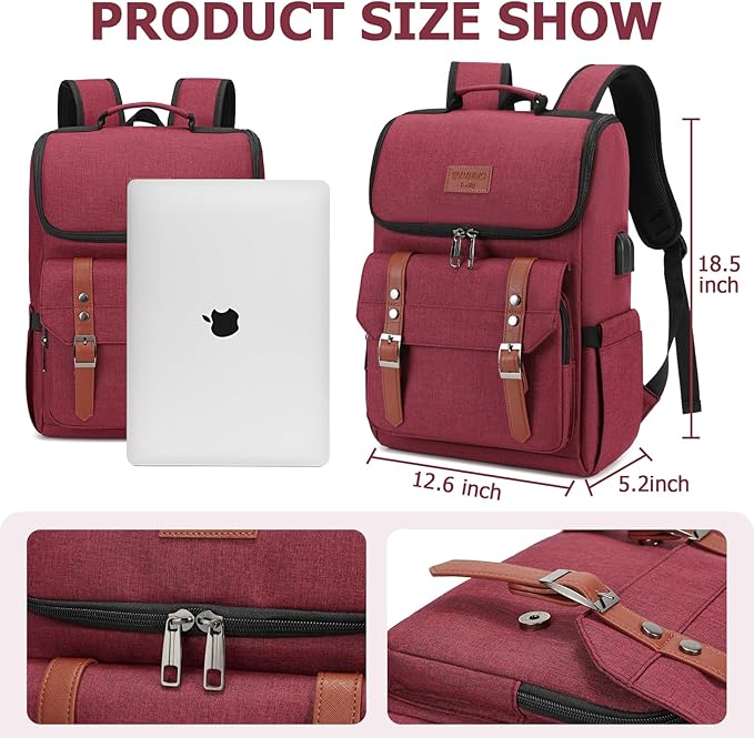 YALUNDISI Vintage Backpack Travel Laptop Backpack with usb Charging Port for Women & Men College Backpack Fits 15.6 Inch Laptop Red Brown