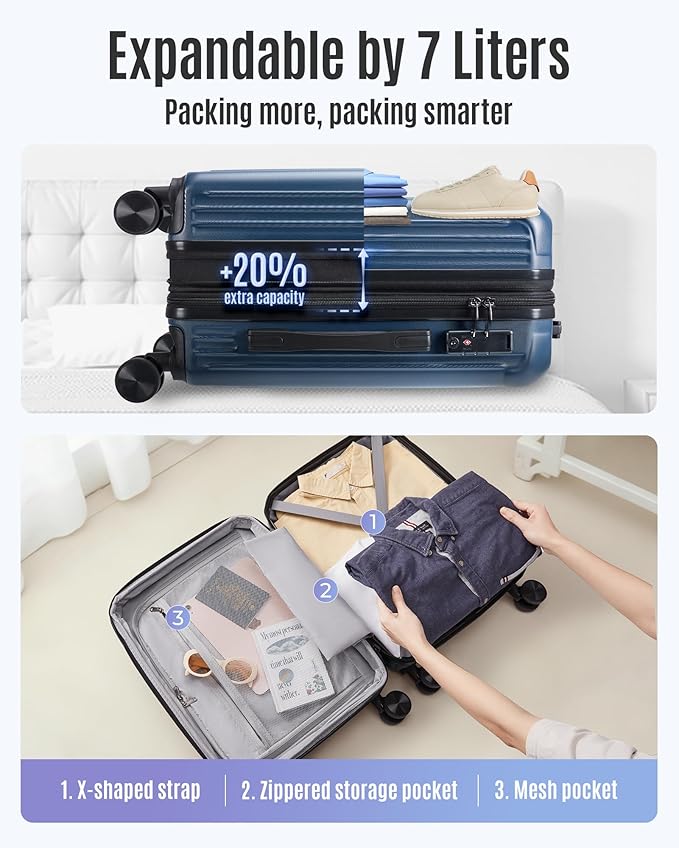 LIGHT FLIGHT Carry On Luggage 22x14x9 Airline Approved, Durable Hard Shell Carry On Suitcases with Wheels, Expandable Hardside Lightweight Travel Luggage with TSA Lock, Lilac