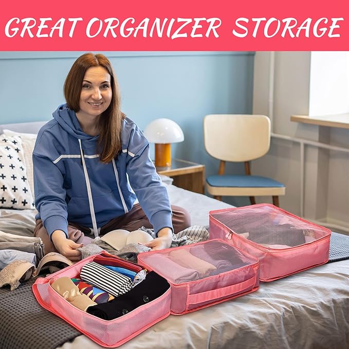 Silkfly 12 Pcs Packing Cubes for Suitcase Travel Luggage Bags Bulk Mesh Organizer Set for Hiking Camping Backpacking Clothes Accessories(Watermelon Red)