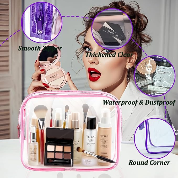 6 Pieces Clear Makeup Bags Bulk, TSA Approved Toiletry Bag PVC Clear Cosmetic Toiletries Pouch with Zipper, Waterproof Vinyl Plastic Organizer Case for for Women Carry-on Travel Essentials