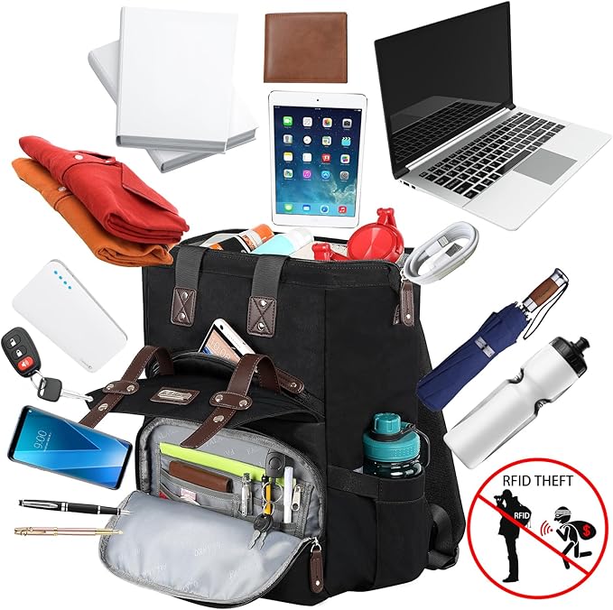 FALANKO Laptop Backpack For Women, Work Doctor Teacher Nurse Wide Open College 15.6 Inch Laptops Backpack Purse with RFID, Travel Water Resistant RFID Computer Bag for Men Women Black