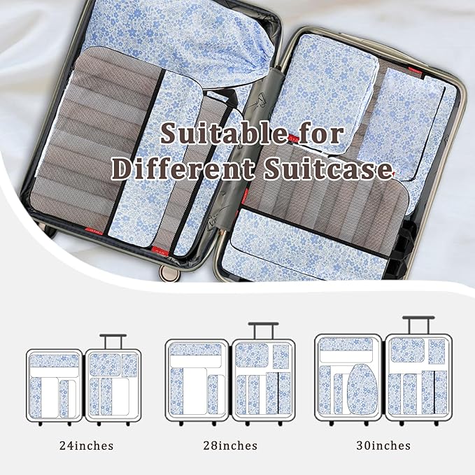 U+U 10 Set Compression Packing Cubes - Ultralight Travel Organizers with Laundry Bag and Cosmetic Bag, Space-Saving Suitcase Organizer for Travel, Business Trip and Family Vacation (Blue Flower)