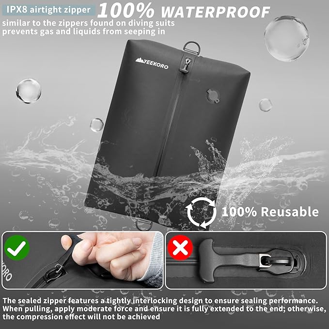 Upgraded Vacuum Bag for Travel, Professional IPX8 Waterproof Reusable Vacuum Compression Bags for Travel Suitcases, Durable Space Saver Bag(2 PACK TPU Black,With Pump)