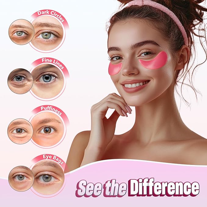 Under Eye Patches - 60 Pack for Puffy Eyes, Dark Circles, Bags & Wrinkles with Hydrolyzed Collagen & Hyaluronic Acid - Eye Care Pads for Daily Skincare (Pink)