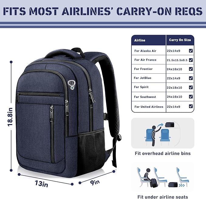 Travel Backpack, 40L Business Laptop Backpack with 17.3 Inch Laptop Compartment, Lightweight Daypack for Flight, Durable Water Resistant Bookbag, Hiking, Work Backpack for men, Blue