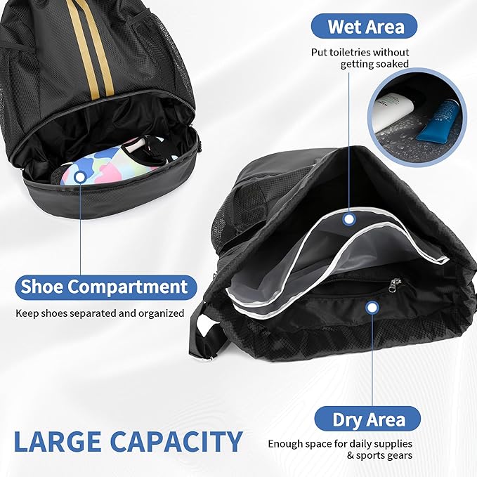 Drawstring Backpack Gym Bag with Shoes Compartment for Soccer, Basketball, Swim, Water-Resistant String Backpack Beach Cinch for Women Men, Black Gold