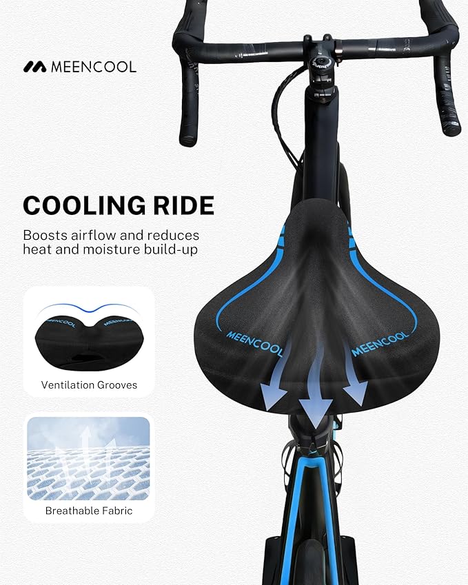 MEENCOOL Bike Seat Cushion - Gel Padded Bike Seat Cover for Men Women Comfort, Adjustable Velcro Secure Bicycle Seat Cushion Compatible with Peloton, Indoor & Outdoor Bicycle Seat(11"x7")