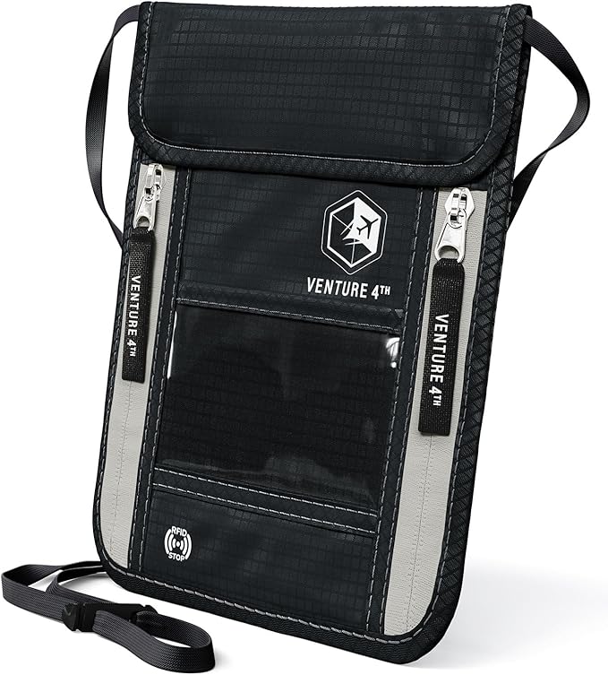 VENTURE 4TH Neck Wallet for Women & Men – RFID Blocking Passport Holder for Travel, Hidden Neck Pouch with 6 Compartments, Slim Lightweight Travel Organizer with Adjustable Strap (Black)