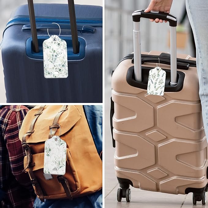 Rimilak 3 Pcs PU Leather Luggage Tags for Suitcase, Travel Cruise Luggage Tag with Privacy Flap, Name ID Label and Metal Loop for Women Men Baggage Handbag School Bag Backpack, Green Leaves