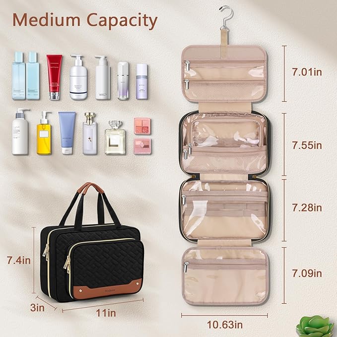 Wedama Toiletry Bag for Women, Hanging Travel Toiletry Bag with Jewelry Organizer Compartment Medium Makeup Bag, PVC Waterproof Cosmetic Travel Bag Trips Camping Bathroom, Black+Brown