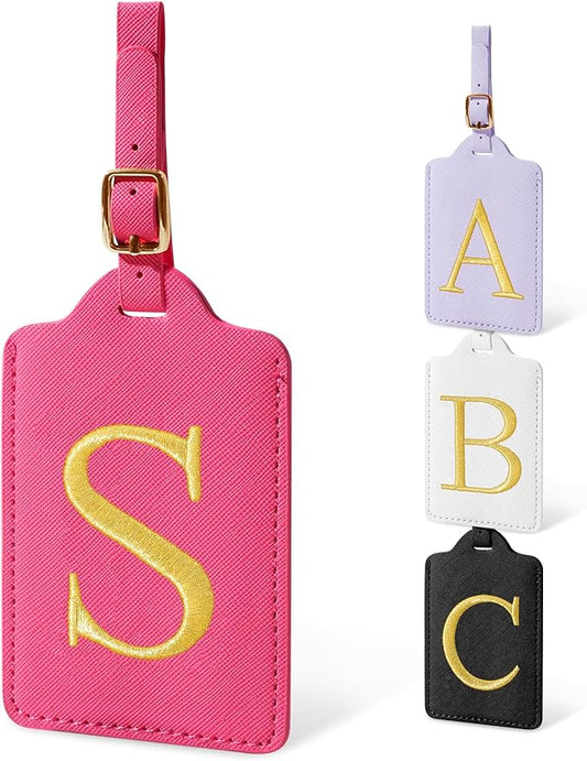 Personalized Initial Luggage Tags for Suitcases, Cute PU Leather Embroidered Letter Travel Luggage Tags, Suitcase Identifier Name Baggage Tag, Bag Tags for Men Women Kids Luggage Handbags(Rosered S)