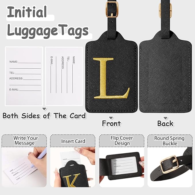 Personalized Initial Luggage Tags for Suitcases, Cute PU Leather Embroidered Letter Travel Luggage Tags, Suitcase Identifier Name Baggage Tag, Bag Tags for Men Women Kids Luggage Handbags(Black L)