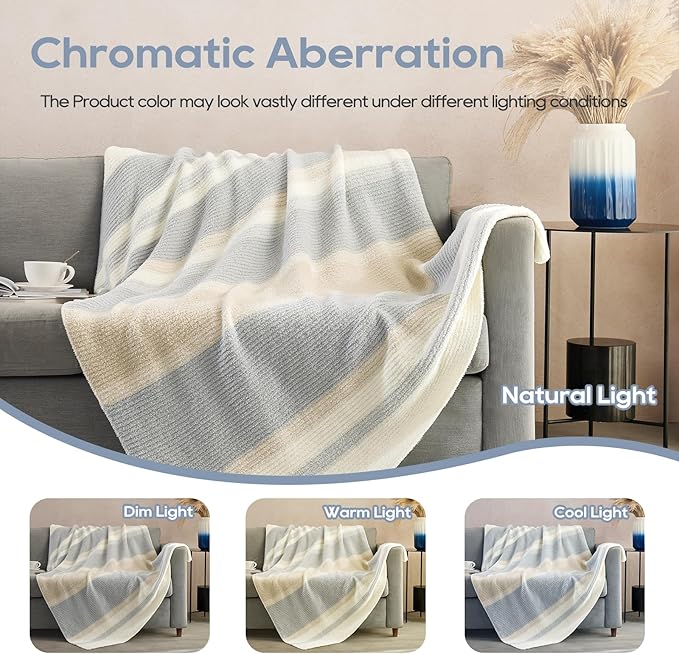 Throw Blanket, Soft Cozy Fluffy Striped Throw Blankets for Couch, Sofa, Bed, Chair, Warm Fuzzy Plush Lightweight Decorative Stripe Blanket, Grey Khaki, 50x60 inches