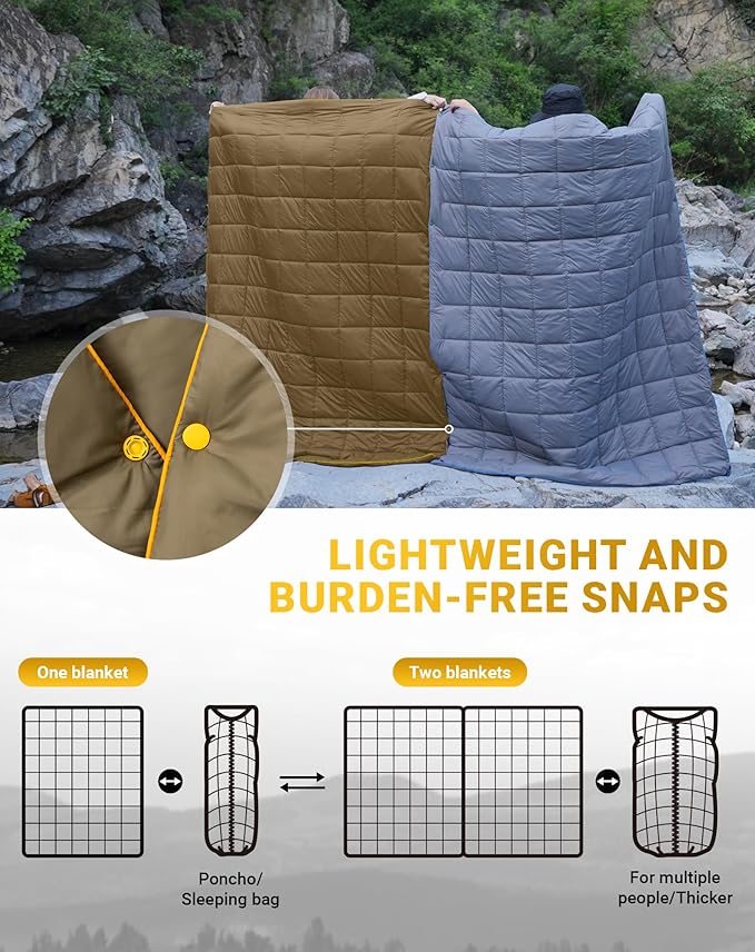 KingCamp Ultralight Camping Blanket, Packable Down Alternative Puffy Wearable Blankets Weatherproof Warm Package Quilt with Snap Buttons for Outdoor Hiking Travel Picnic Stadium (69" L x 53", Olive)