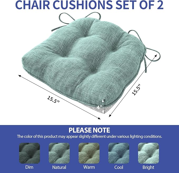 Chair Cushions for Dining Chairs Set of 2, Kitchen Chair Cushions, Chair Pads with Ties Non Slip Backing, Christmas Room Decor, Tufted Memory Foam Seat Cushion 2 Pack, 15.5x15.5x4, Sage Green