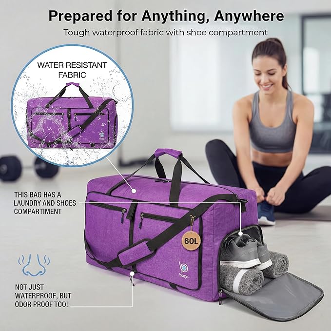 Bago Medium Duffle Bag for Travel Women & Men. Durable Lightweight Foldable Travel Duffel Bags For Traveling Women. 60L Duffle Bags For Overnight Bag With Shoe Compartment Collapsible Weekender duffel