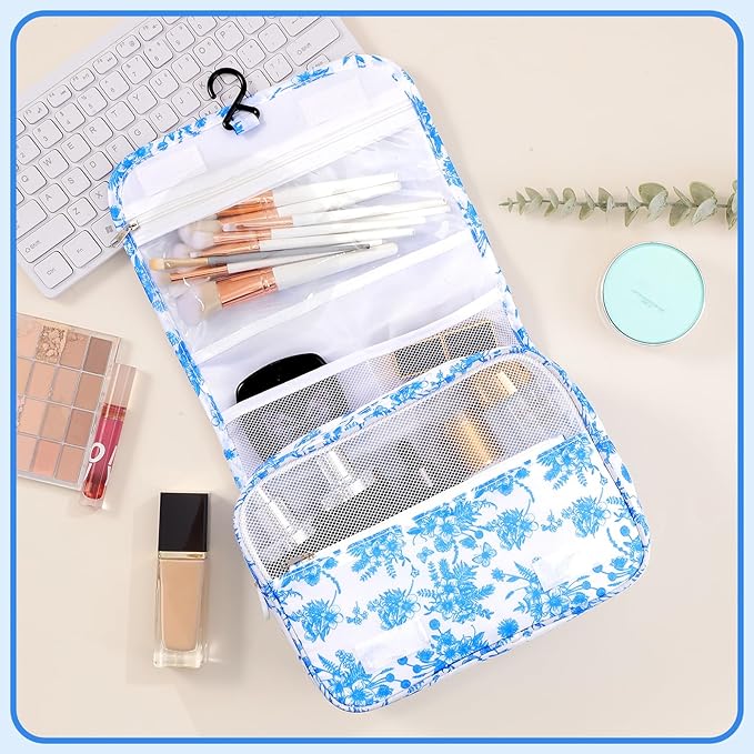 Pengxiaomei Hanging Toiletry Bag, Blue Vintage Floral Waterproof Cosmetic Bag Portable Makeup Pouch Travel Wash Bag with Handle for Kids Teen Girls Camping Tea Party Mothers Day Gifts