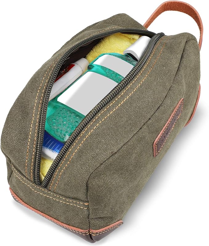 Emissary Men's Leather and Canvas Travel Toiletry Dopp Kit, Shaving Bag (Dark Green)