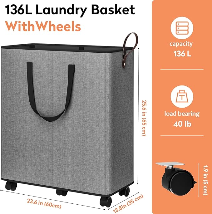 Laundry Basket with Wheels, Collapsible Laundry Baskets, Laundry Hamper with Handles Detachable Wheels, Rolling Laundry Basket, Dirty Clothes Hamper for Bathroom, Dorm, Bedroom, Grey, 136L