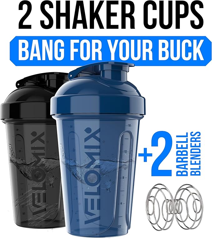 VELOMIX -2 Pack- 20 oz Protein Shaker Bottles for Protein Mixes - 2x Wire Whisk | Leak Proof Shaker Cups for Protein Shakes and Pre Workout | Protein Shaker Bottle Pack (Blue/Black)