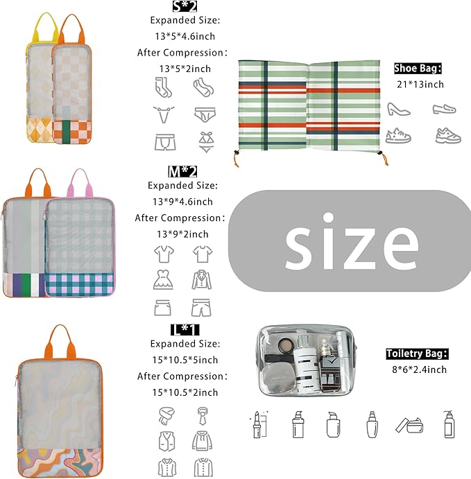 7 Pcs Compression Packing Cubes for Travel Luggage, Lightweight Suitcase Organizer Bags Set, Compression Packaging Cube for Travel Essentials, Packing Cubes for Carry on Suitcase