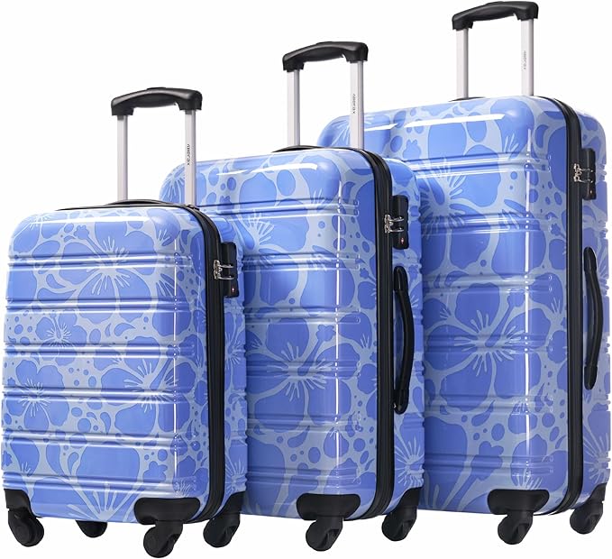Merax Suitcase Set, Hardshell Luggage Sets 3 Piece with Spinner Wheels, Durable Printing Suitcase with TSA Lock Lightweight 20" 24" 28",Blue