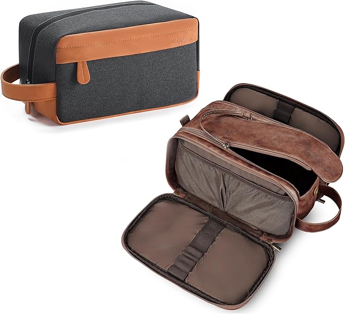 Elviros Travel Toiletry Bag Gift for Men，Mens Toiletries Bag Gifts Set Shaving Dopp Kit Water-resistant Bathroom Toiletries Organizer PU Leather Cosmetic Bags 2 Pack Dark Brown and Brown