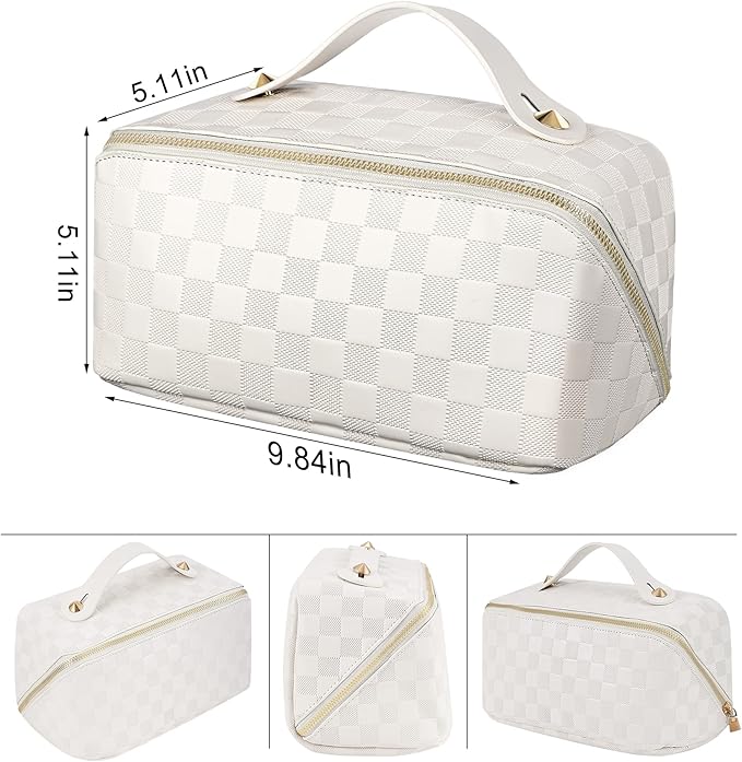 Large Capacity Travel Cosmetic Bag - Portable Makeup Bags for Women Waterproof PU Leather Checkered Makeup Organizer Bag with Dividers and Handle,Toiletry Bag for Cosmetics