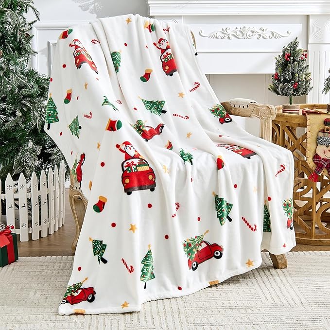 Christmas Blanket - White Holiday Throw with Santa Claus & Snowman - Warm Cozy Fleece Winter Blanket, 60x80 Inches，White