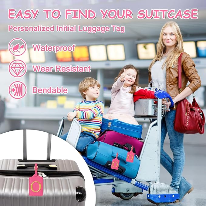 Initial Letter Luggage Tags for Suitcases, Personalized Embroidered Letter Luggage Bag Suitcase Identifier Name Tag, Cute PU Leather Travel Luggage Tags, Bag Tags for Luggage Handbags(Rosered O)