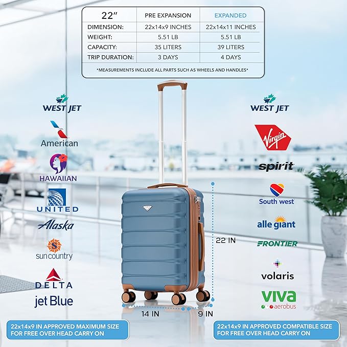 Flight Knight 22x14x9" Expandable Carry On Suitcase Hardside TSA Lock USB C Port Lightweight Luggage Silent Double Spinner Wheels Maximum Overhead Carry-On Bag For American & United Approved Airlines
