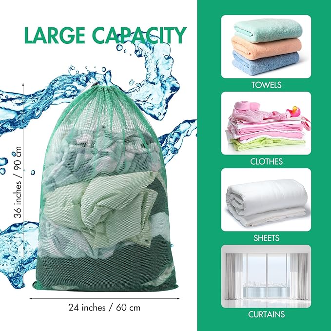 Berlune Large Mesh Laundry Bags, 24 x 36 Inch Bulk Wash Set with Drawstring for Commercial Use, Dorms, Vacation Rentals, Laundromats, Apartments & Facilities(Green,30)