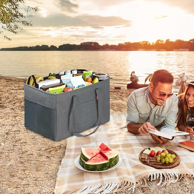 LHZK Standing Utility Tote Bag with Metal Wire Frame and the Sides Rinforced, Large Tote Bag with Handle, Reusable Grocery Bags Foldable, Beach Bag, Car Tote (Grey, 18.5''x11.8''x11.5'')